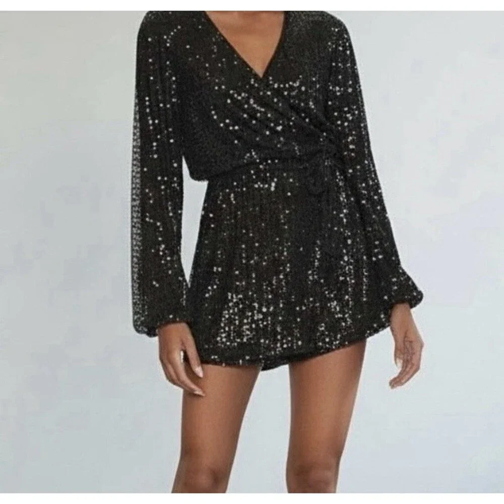 Free People Christa Sequin Long Sleeve Wrap Romper Black Size Lg Party Holiday